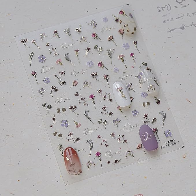 1 Sheet of Hot Stamping Flower Nail Decals, Colorful Dried Flower Nail Stickers, 5D Self-Adhesive Nail Design Stickers, Suitable for Women DIY Spring Summer Floral Nails Decoration Supplies