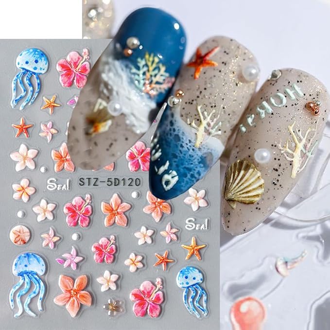 Summer Flower Nail Art Stickers Decals Jellyfish 5D Embossed Nail Decals 2PCS Flowers Starfish Jelly Design Summer Nails Adhesive Sliders Flower Sticker for Nails Women DIY Manicure Decorations Supply