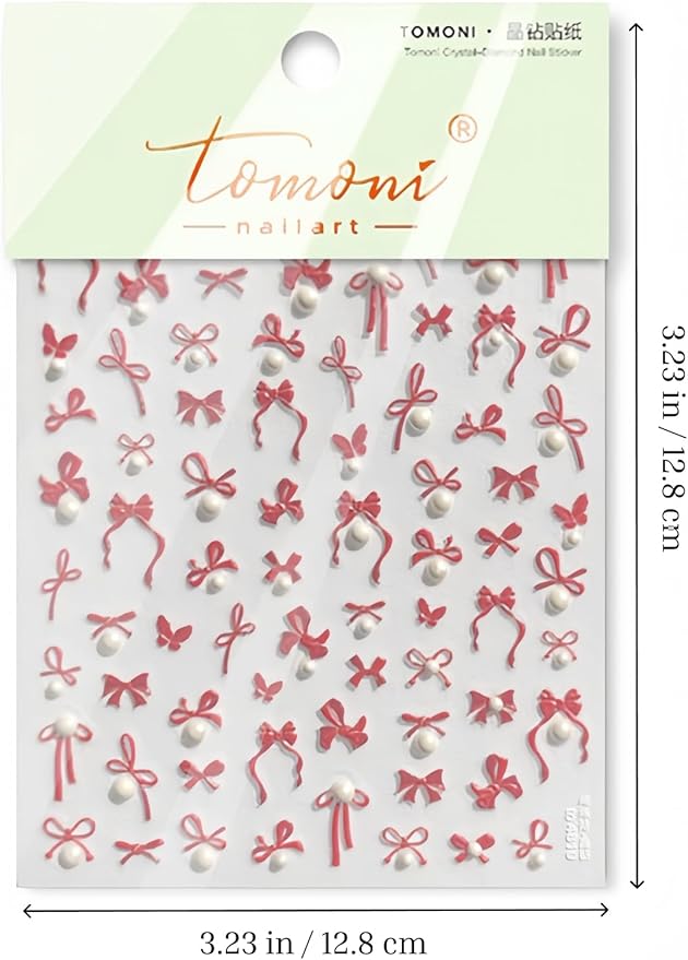 Red Bow Pearls Nail Stickers 5D Embossed – Premium Salon-Quality Nail Charm Accessories, Easy Application & Self-Adhesive Pearled Bows Decal for DIY Manicure, Nail Art, Press on, Home or Salon Use