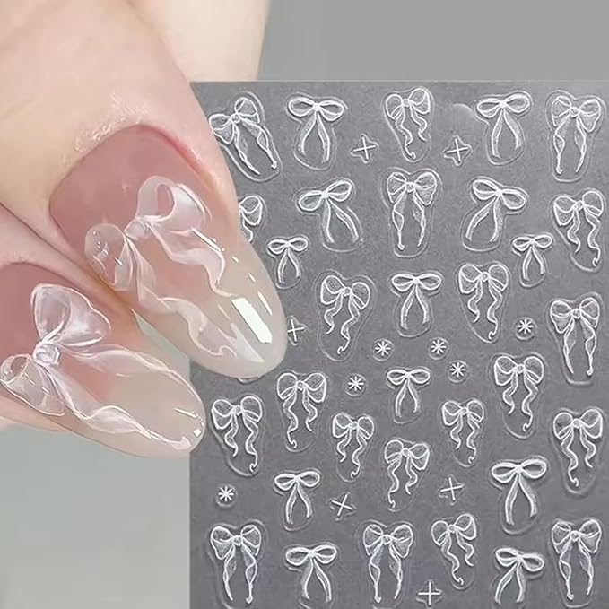 5D Embossed Bow Nails Stickers for Nail Art Self-Adhesive Bow Nail Art Stickers White Silver Pink Bow Ribbon Design Cute Nails Decals for Women Girls Acrylic Manicure Decorations DIY Supplies 3Sheets