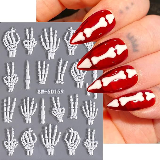 3 Sheets Embossed Halloween Nail Art Stickers Decals Gold Pink White Self-Adhesive Nail Stickers Design 5D Horror Bone Skull Hand Nail Decals for Women DIY Manicure Halloween Party Nails Decoration