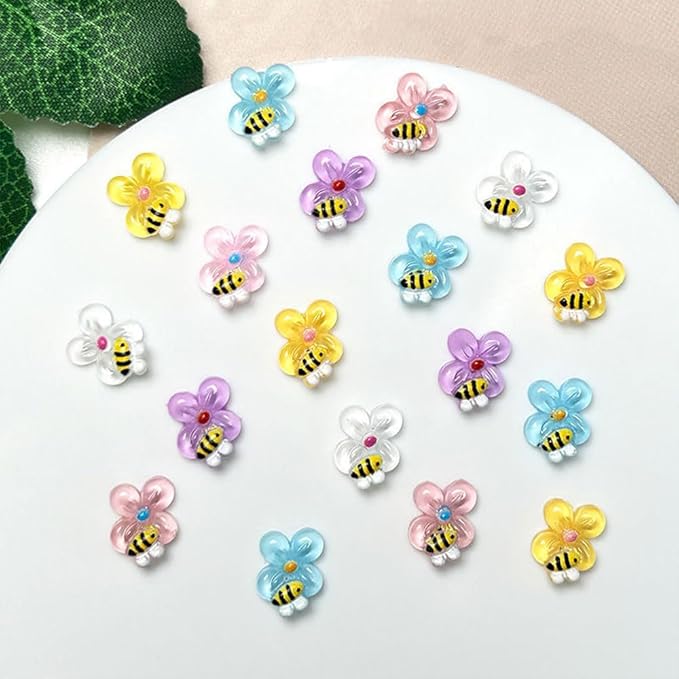 150PCS Bee Flower Nail Charms, 3D Resin Mixed Colors Cute Bees Jewelry Spring Nail Art for Women Girls Manicure DIY Nail Decoration