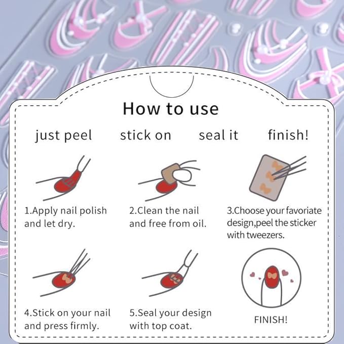 3 Sheets French Bow Nail Stickers for Nail Art, 3D Self-Adhesive Pink Purple Bow French Nail Decals, French Nail Supplies Nail Art Designs Accessories for Women and Girls Manicure DIY Decoration