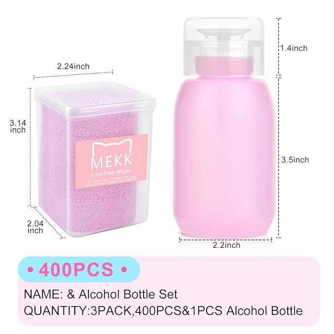 MEKK Lint Free Nail Wipes with Acetone Dispenser Set 400PCS Cat-Shaped Lint Free Wipes with 200ml Anti-Corrosion Empty Push Down Pump Dispenser Bottle for Acetone,Alcohol,Nail Polish Remover,ect