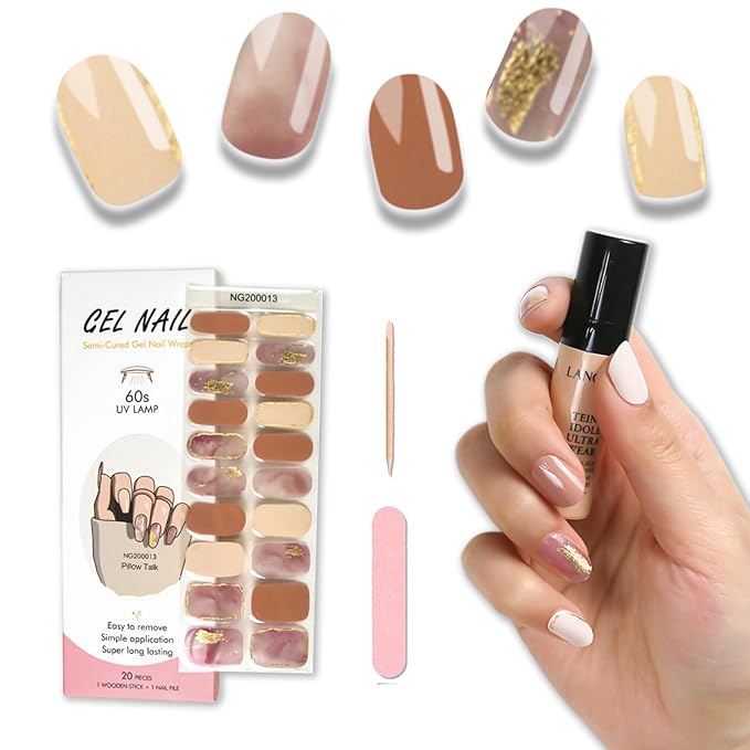 Semi Cured Gel Nail Strips, 20pcs Real Nail Polish Art Stickers, Marble Gold Leaf Gel Nail Stickers - Work with Any UV Lamp, Long Lasting Full Wraps with Nails File and Stick
