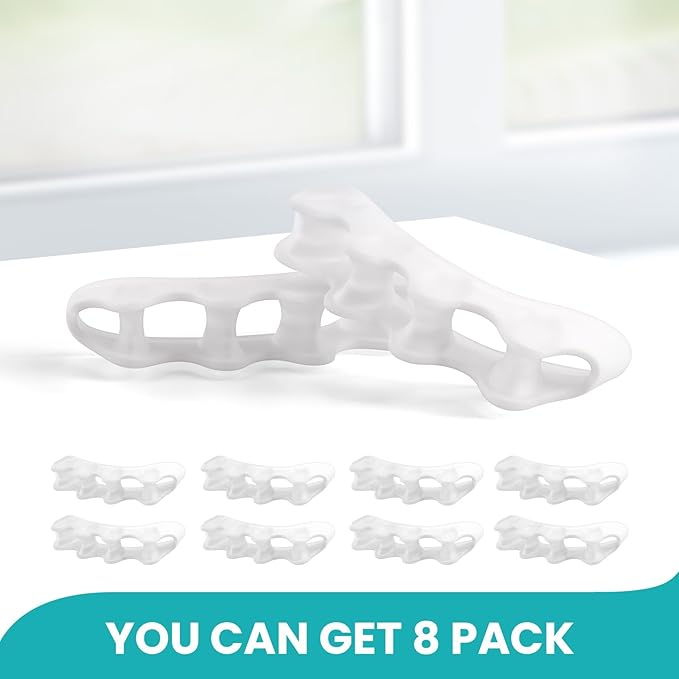Toe Spacers & Separators - 8-Pack Bunion Corrector for Toe Alignment & Toe Pain Relief - Toe Separators for Women & Men - Toe Spacers for Gifts with Gel Cushion (White) - FSA HSA Eligible - M