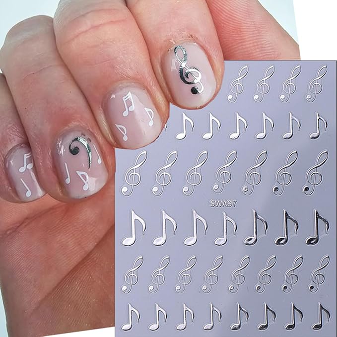 6Pcs Music Note Nail Art Stickers 3D Retro English Letters Nail Stickers Self Adhesive Gold Silver Black Old Alphabet Music Note Pattern Design Nails Decals English Manicure Decoration for Women Girls