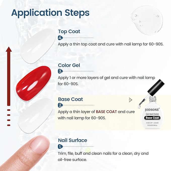 JODSONE 16.5ml Base Coat Gel No Wipe Long Lasting Streak-Free Shine Clear Base Gel Nail Polish Need U V Lamp Cured at Home DIY Nail Salon Girl Gift