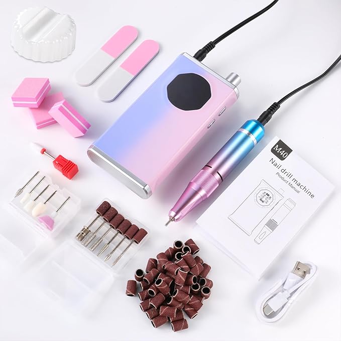Professional Nail Drill, 40000RPM Electric Nail File for Acrylic Gel Nails Polishing Removing, Rechargeable Portable Cordless Nail Drill Kit with Full Set of Accessories at Salon Home