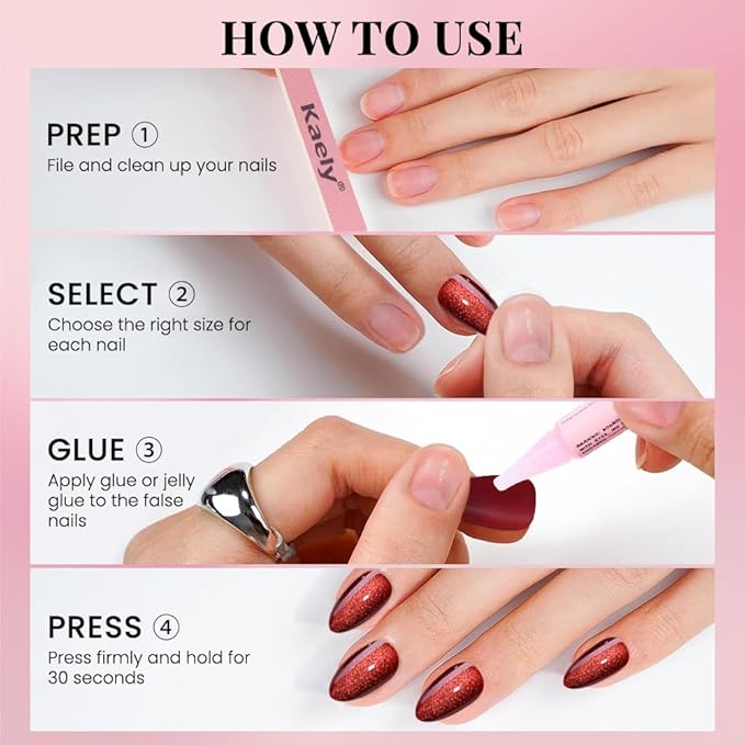 Cat Eye Press on Nails Short Almond - Dark Cherry Red Reddish Brown Shimmer Glossy Press on Nails Women Girls Gift, Soft Gel Press Glue On Nail with Glue Full Cover Reusable Acrylic Fake Nail Kit