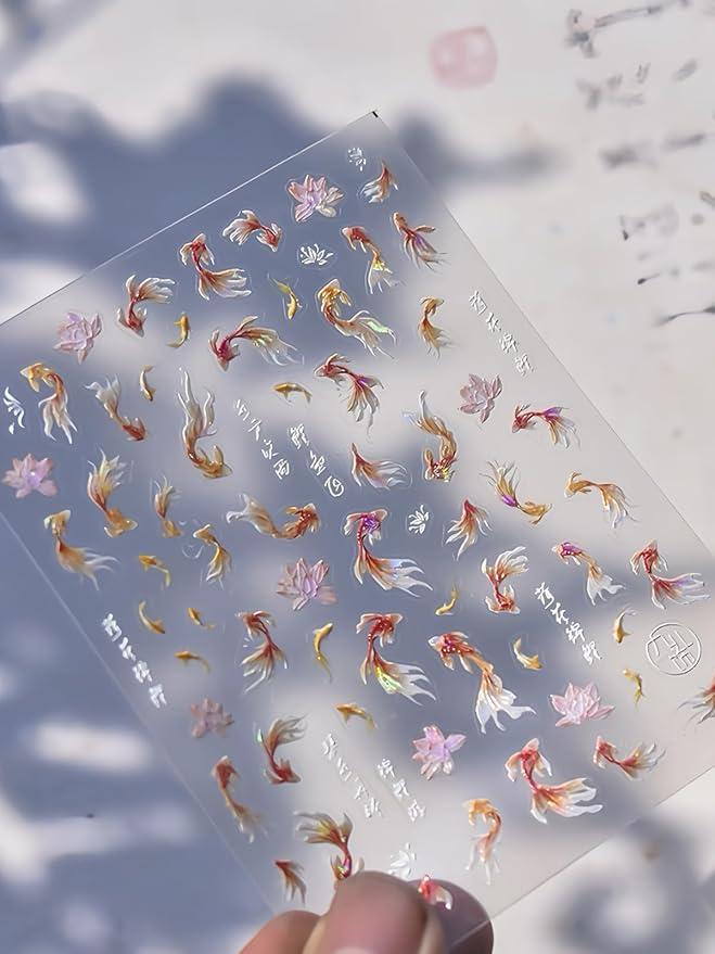 Golden Koi Fish Nail Stickers 5D Embossed – Premium Salon-Quality Nail Charm Accessories, Easy Application & Self-Adhesive Red Koi Lotus Sticker for DIY Manicure, Nail Art, Press on, Home or Salon Use