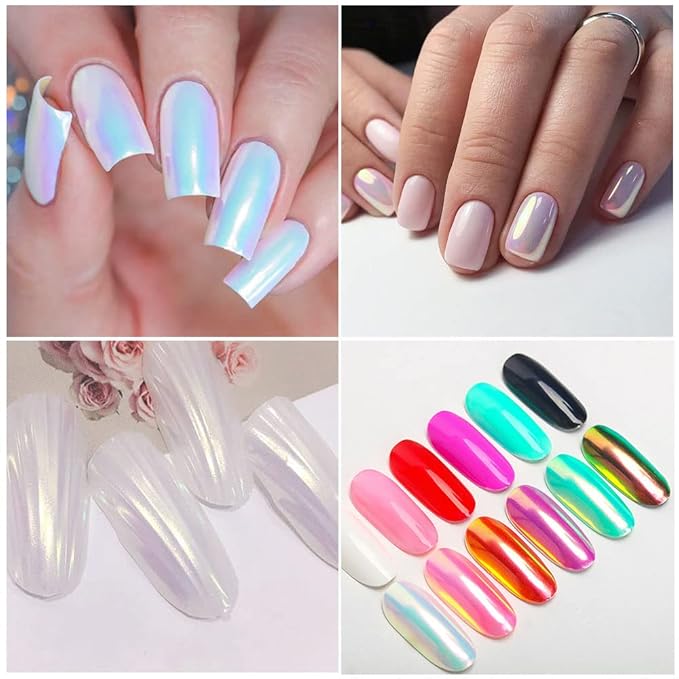 evpct 2Pcs Pearl White Mermaid Aurora Chrome Nail Powder Kit for Gel Nails Polish Rainbow Holographic Iridescent Chameleon Metallic Neon Nail Pigment Mirror Chrome Nail Powder for Gel Nails Glitter