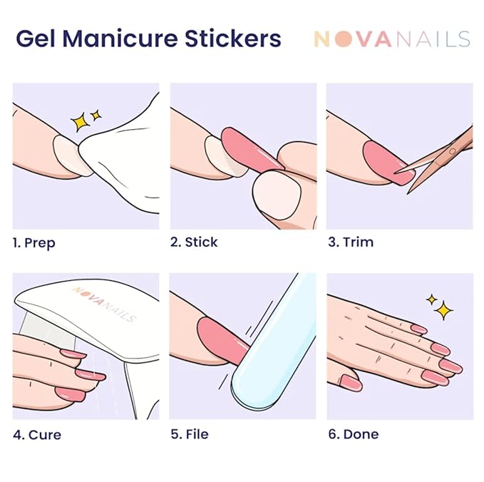 NOVA, Female Founded, Semi Cured Gel Nail Strips (Nova) - The 10 Minute Manicure. Salon-Quality, Works with Any Nail Lamp, Easy to Apply & Remove - Incl. Nail File & Wooden Stick (Nova)