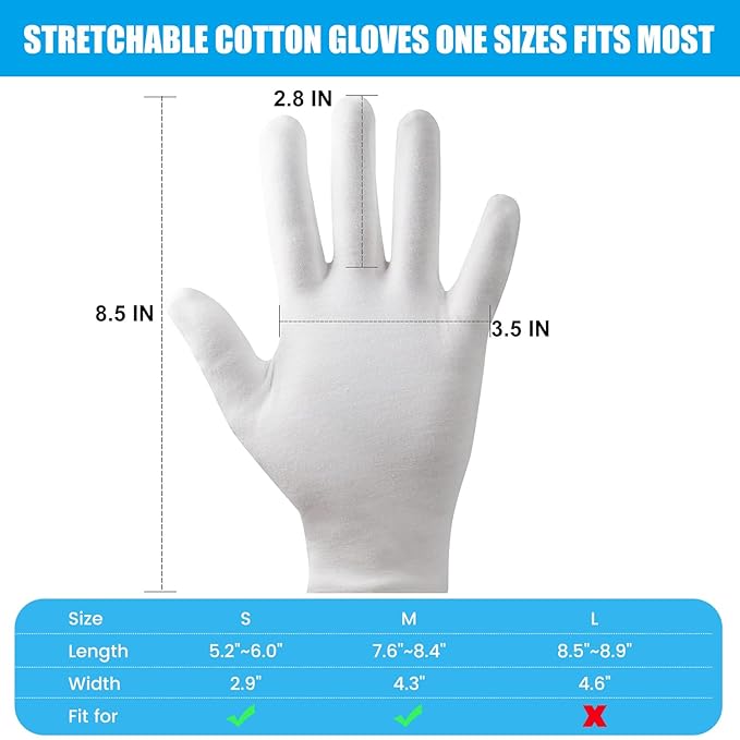 4 Pairs White Gloves, Breathable Cotton Gloves for Dry Hands Sleeping, Washable Eczema Moisturizing Glove Overnight for Women Men, Halloween Wedding Costume Work Glove for Serving Inspection
