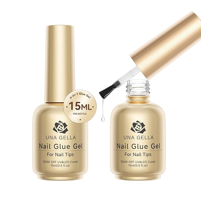 UNA GELLA 6 in 1 Gel Nail Glue for Clear Acrylic Nails Tips, 2Pcs 15ml Super Strong Brush UV Nail Glue Long Lasting Lamp Curing Required for Fake Nails Tips, Christmas Nail Art