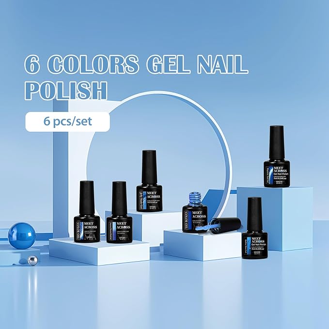 MEET ACROSS Gel Nail Polish Set 6 Pcs Glitter Colors Gel Nail Kit Art Design Soak Off UV LED (SET-11, 6pcs)