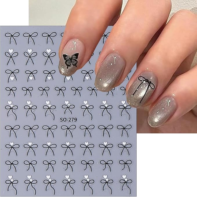 6Sheets Star Bow Nail Stickers 3D Self Adhesive Black White Pink Bows Heart Nail Decals Lace French Tip Nails Art Stickers Cute Bow Charms Sticker Star Nails Design Supplies for Women Girls Manicure