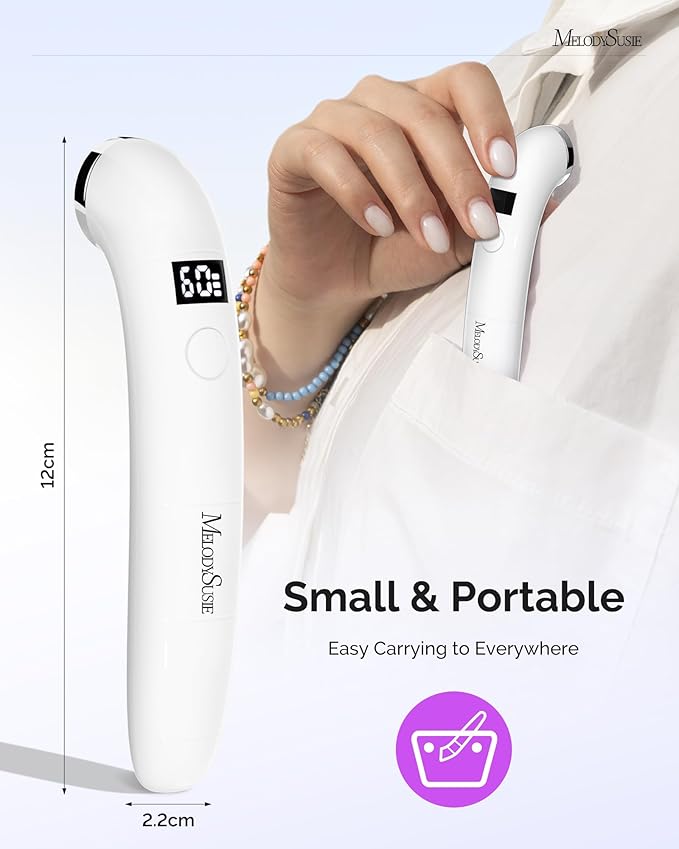 MelodySusie Handheld UV Light for Gel Nails, P-ART01A Cordless UV Nail Lamp with LCD Display& Ergonomic Design, Rechargeable LED Light Flash Cures Soft Gels, Rhinestone Glue & Liner Gel,White