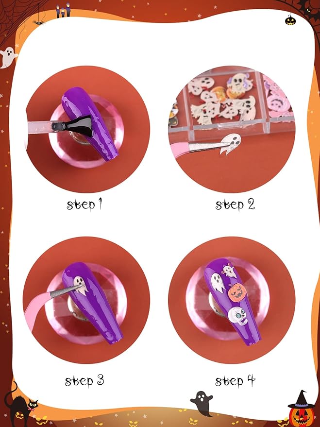 Kalolary Halloween Nail Art Sequins, 3D Skull Spider Pumpkin Bat Ghost Witch Stickers for Acrylic Nails, Halloween Wood Pulp Glitter Flakes for Nail Art Decorations