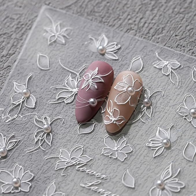 2 Sheets 5D Embossed Flower Nail Stickers, White Floral Self-Adhesive Pearls Nail Art Decals for Women Girls Salon Home DIY Manicure Decoration
