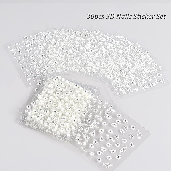 30Sheets Floral Nail Art Stickers Decals 3D Self Adhesive White Flower Designs Nails Supplies White Flower Stickers with Rhinestones Nail Decorations for Women Manicure Transfer Tool Nails Wraps