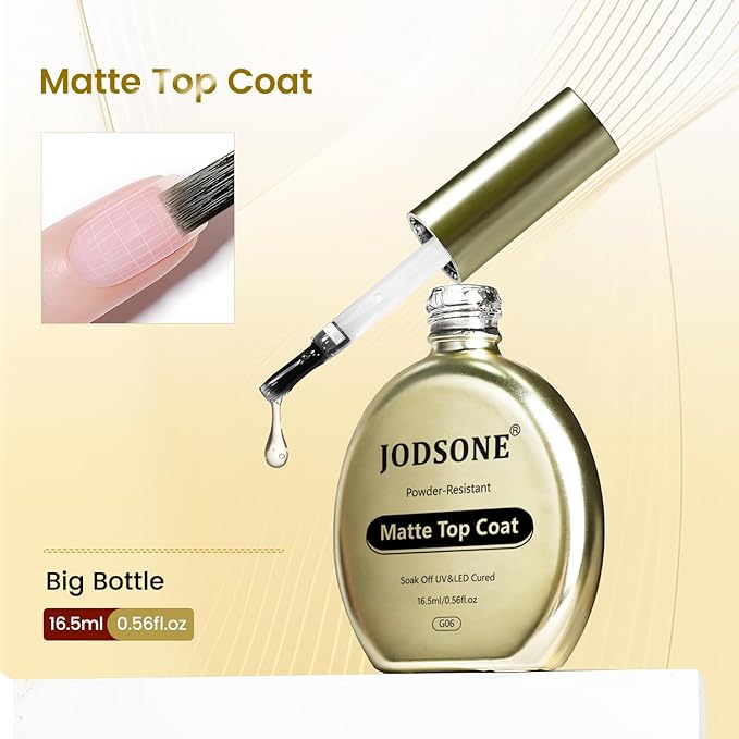 JODSONE Matte Gel Top Coat - 16.5ml Powder-Resistant No Wipe Gel Top Coat for Chrome Powder Nail Art, Smooth Matte Finish, U V Curing Required