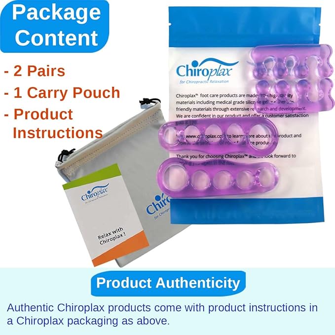 Chiroplax Toe Separators Stretchers Silicone Gel Spreader Spacer for Bunion Bunionette Relief Hammer Overlapping Toe Straightener Corrector (2 Pairs w/Pouch - Lavender)