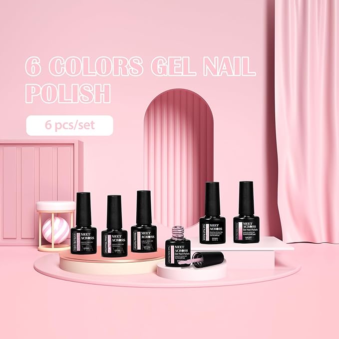 MEET ACROSS Gel Nail Polish Set 6 Pcs Glitter Colors Gel Nail Kit Art Design Soak Off UV LED (SET-8, 6pcs)