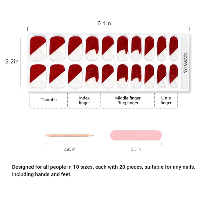 20pcs Semi Cured Gel Nail Strips, Real Nail Polish Art Stickers, Christmas Gel Nail Stickers - Work with Any UV Lamp, Long Lasting Full Wraps with Nails File and Stick