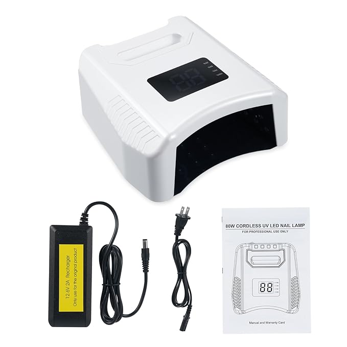 Cordless UV LED Nail Lamp 80W 52LEDs Gel Nail Polish Dryer Quick Drying Fingernail Toenail Curing Lamp 4 Timer Settings with Auto Sensor Digital Display Screen Nail Art Salon Tool