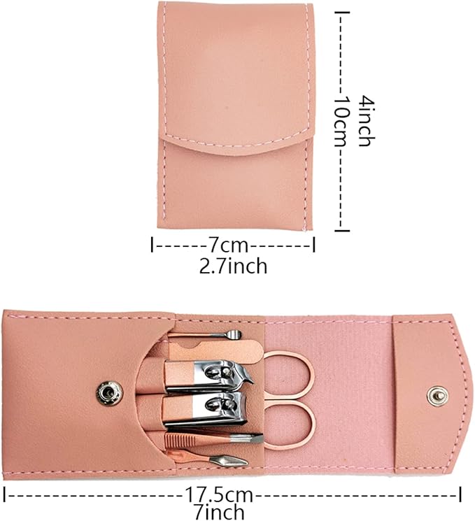 Nail Clipper Set, 7PCS Manicure Set Fingernail Clippers Kit Fashion Color Champagne Stainless Steel Pedicure and Manicure Kit with Pink PU Leather Case