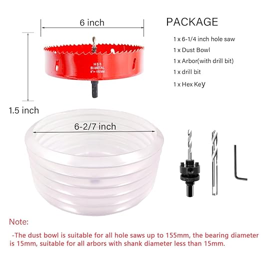 152mm Hole Saw and Hole Saw Accessory Dust Collector Bowl 2PCS Set with Heavy Duty Adapter (6 inch)