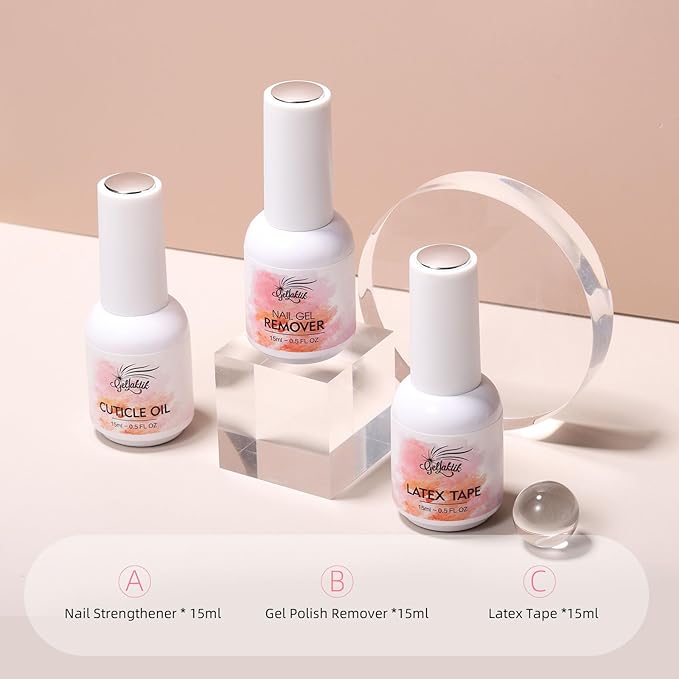 Gel Polish Remover Kit, 15ml×3 Set with Gel Polish Remover for Nails & Cuticle Oil & Liquid Latex Tape, No Soaking or Wrapping, Removes Gel Nails in 3-5 Minutes, Nail Care Set