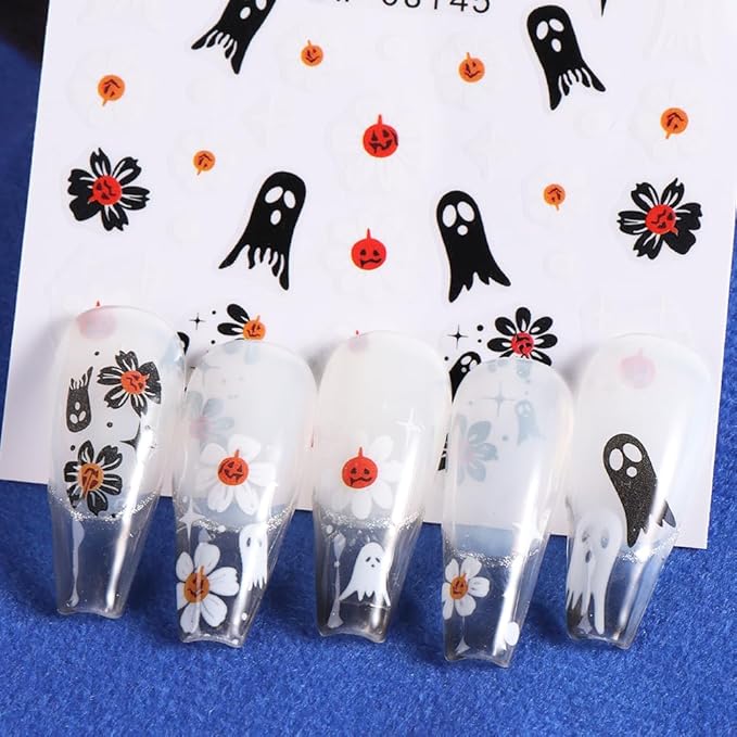 Halloween Nail Stickers Ghost Nail Decals DIY Self Adhesive Orange Black Floral Nail Design Cute Nail Decoration Supplies Holiday Manicure Accessories for Women Girls 6Pcs