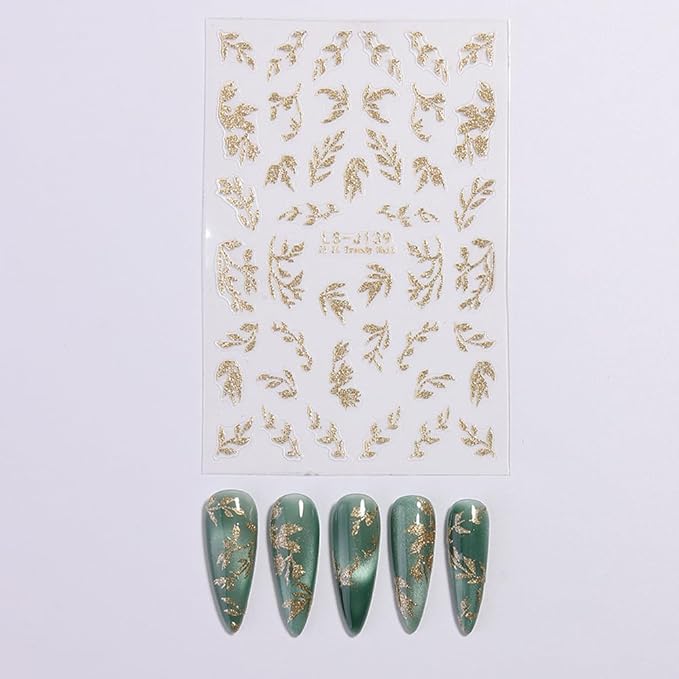 New Chinese Style Nail Stickers - Gold Foil Glitter Golden Branches Jade Leaves Design, Self-Adhesive Nail Art Decals A Set of 1 Sheets