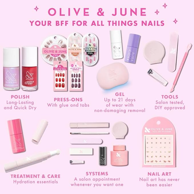 Olive & June Long Lasting Nail Polish | Plump, Gel-Like Finish No Lamp Needed | Lasts up to 10 days | Salon-Quality at Home | 15-Free, Vegan Cruelty-Free Chip-Resistant | Pink Goldfish Pink Iridescent