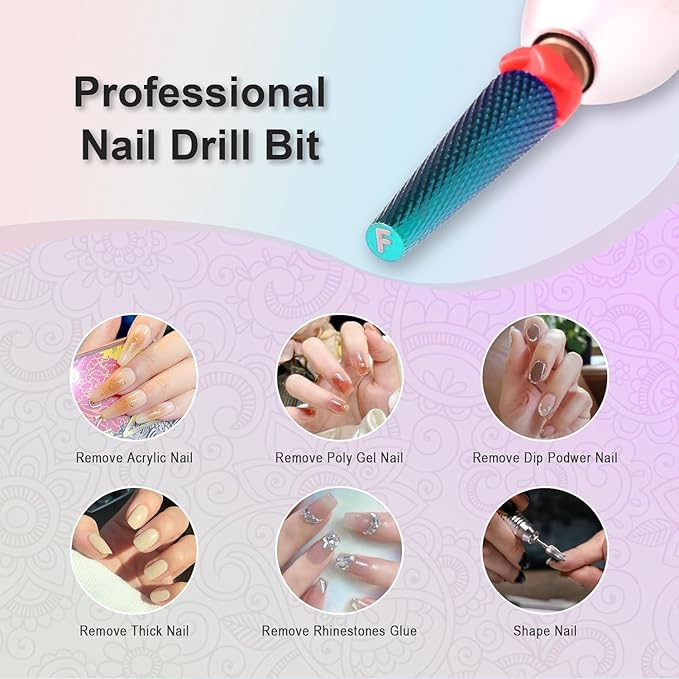 Depvko Super Long 5 in 1 Nail Drill Bits, 3/32'' Carbide Tungsten Bits, Two Way Rotate Professional Advanced Safety Bits for Nail, Fast Remove for Manicure Pedicure (Long 5in1-Blue, Fine-F)