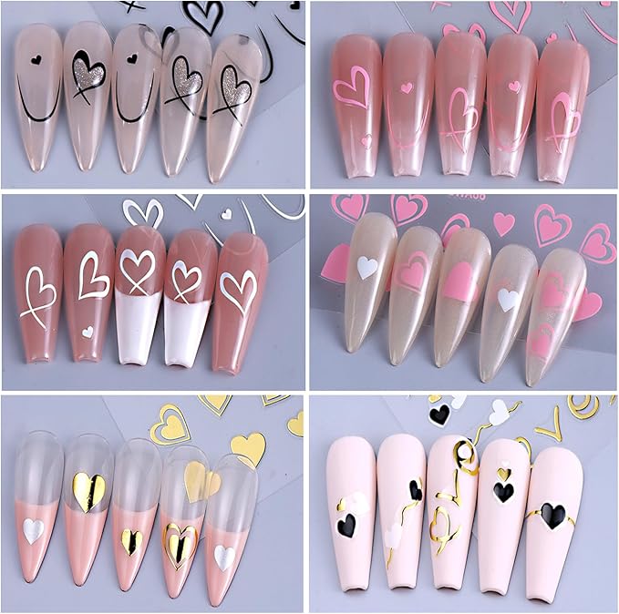 Valentine's Day Nail Art Sticker Set Nail Supplies Hearts Nail Decals 3D Self Adhesive Love Hollow Peach Heart Shaped Nail Design Valentine French Sticker for Women Valentine Holiday Nail Decoration