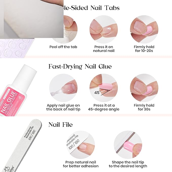 Beetles Press On Nails Kit - Creamy Drizzle | 720Pcs 24 Colors Short Square Press On Nails | 15 Sizes French Glossy Glitter Jelly With Nail Glue & Nail Tabs Stickers, Fake Nails Kit Art For Women