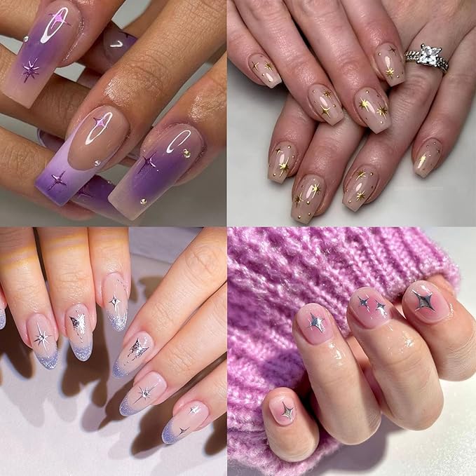8 Sheet Bronzing Star Nail Stickers 3D Shiny Star Nail Decals Starlight Designs Sticker Nail Gold and Silver Purple Manicure Accessories for Women Nail Decorations
