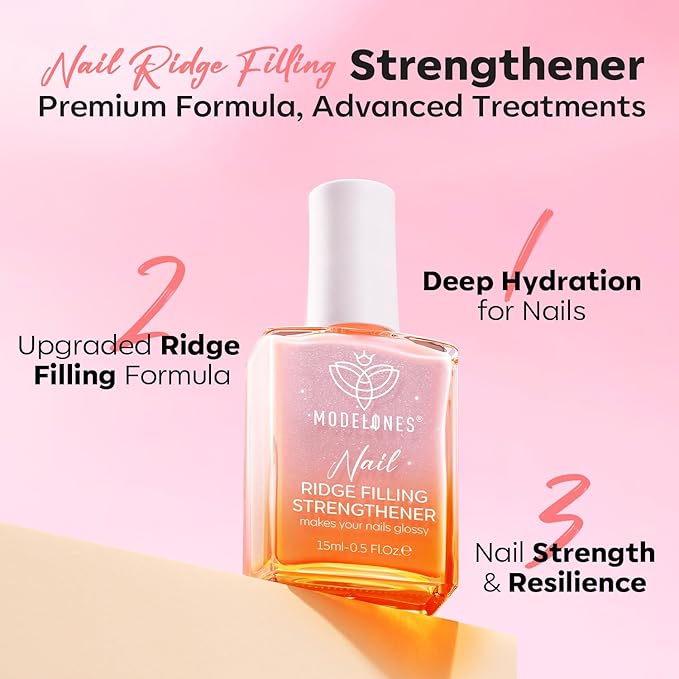 modelones Nail Strengthener Glitter Pink Nail Polish Nail Repair for Damaged Nails Hardener and Growth Polish Nail Care15ml