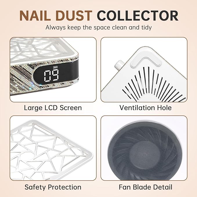 Nail Dust Collector, Cordless Dust Collector Nail Tech, Powerful Vacuum Fan Vent Dust Collector Extractor Dust Suction Machine for Acrylic Nails Polishing, Nail Salon, Zebra Diamond