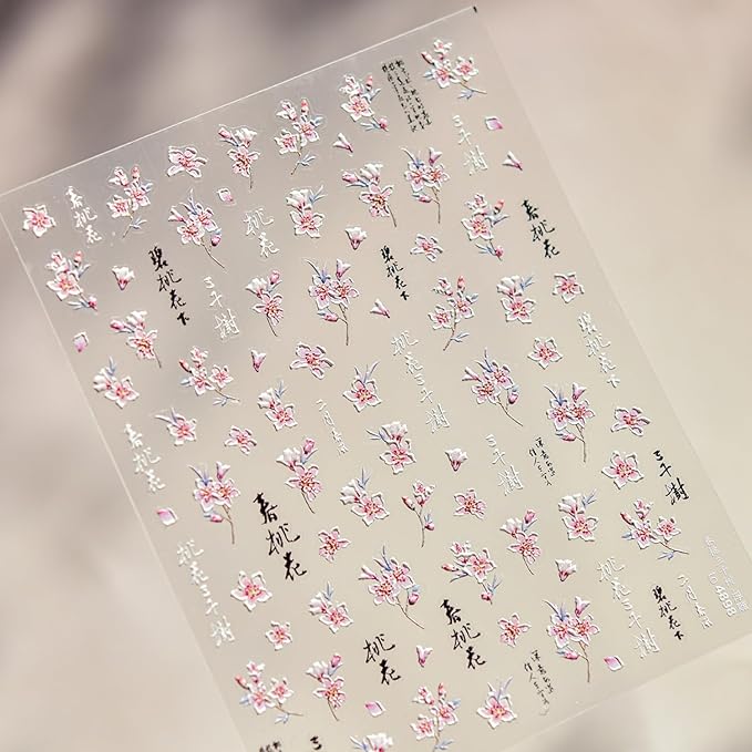 Flower Nail Art Stickers 5D Embossed Spring Nail Stickers for Nail Art White Pink Flower Nail Decals Summer Floral Nail Supplies Self Adhesive Manicure Decoration for Women Girls