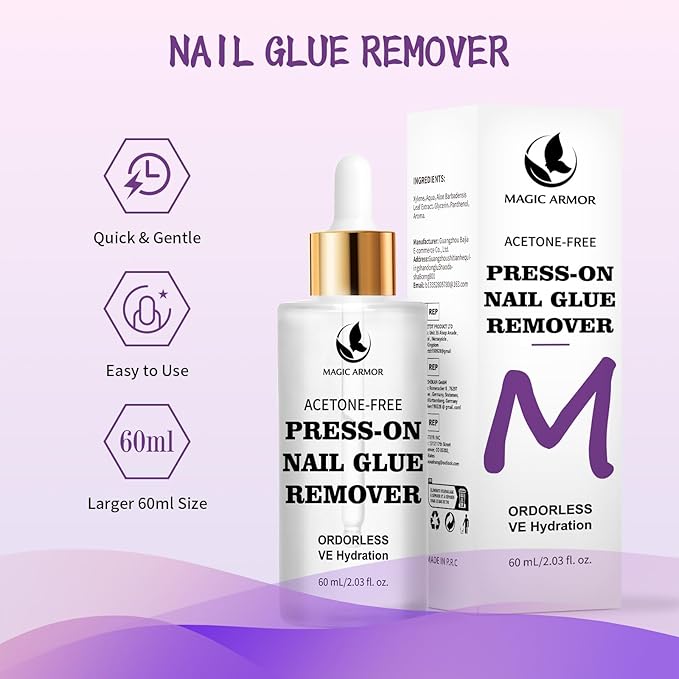 60 ML Nail Glue Remover for Press on Nails with Crystal Stick, Acetone-Free Odorless Nail Gel Glue Remover, Soft Painless Removal for Nail Tips