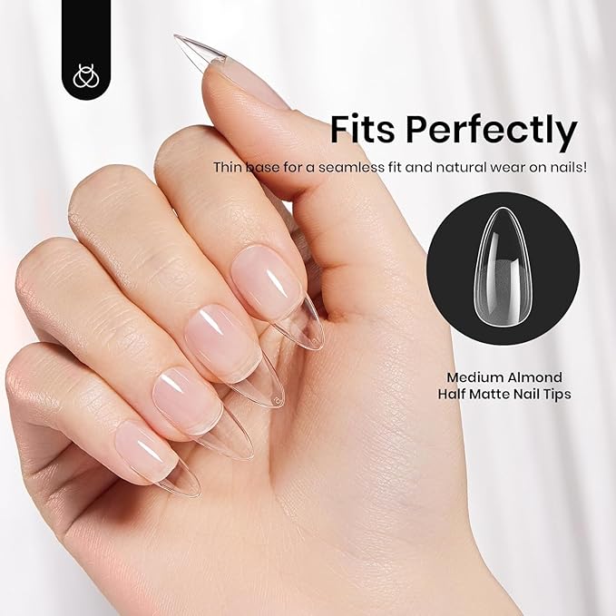 Beetles Gel Nail Tips Medium Almond Etch X Nail Tips, 12 Sizes 288 PCS Half Matte Full Cover False Nails Clear Acrylic Nails Glue on Nails DIY Gift for Women