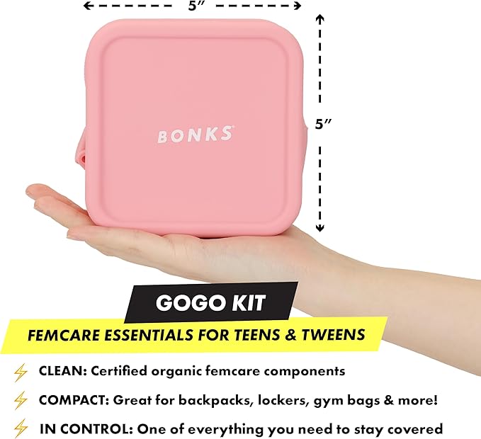 BONKS GoGo Kit - Emergency Tween Period Kit - Portable Menstrual Pouch for Women - Essential Women's Travel Kit - Includes Pads, Tampons, Underwear & More - Female Hygiene Care - S/M (12-14)