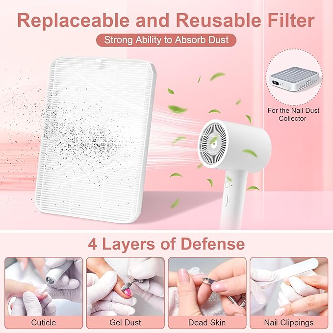 Nail Dust Collector with 2 Reusable Filters,Dust Collector Quiet for Nail Tech Art, Powerful Nail Fan and Dust Collector,Nail Vacuum Cleaner for Salon and Home (White)