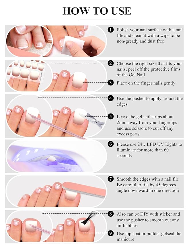 EBANKU 52Pcs Semi-Cured Gel Nail Strips Toes for Toes Real Gel Nail Polish Sticker, Long-Lasting Toenail Stickers Salon Nails at Home Requires UV Light with Nail File&Stick(Chrome )