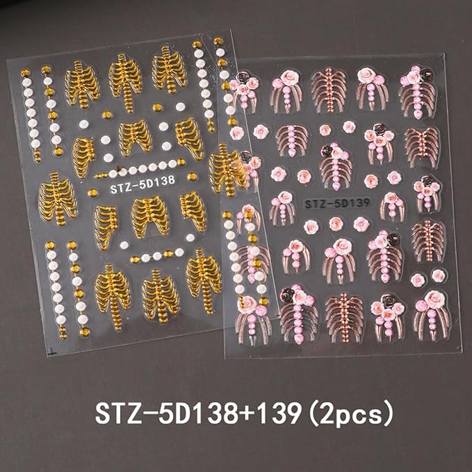 2Pcs Halloween Nail Art Stickers 5D Embossed Halloween Nail Decals Gold Pink Skeleton Bone Rose Blossom Pattern Nail Designs Stickers Skull Nail Supplies for Women Manicure Tip Decorations Accessories
