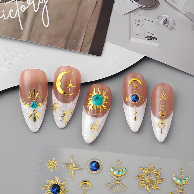 Boho Sun Moon Nail Art Stickers, Star Nail Art Decals 3D Self-Adhesive Gold Silver Sun Moon Nails Stickers Glitter Nail Design 4Pcs Nail Art Supplies for Women and Girls Manicure DIY Decoration